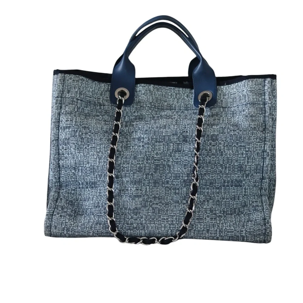 CHANEL Woven Straw Raffia Medium Deauville Tote Blue - Picture 4 of 11